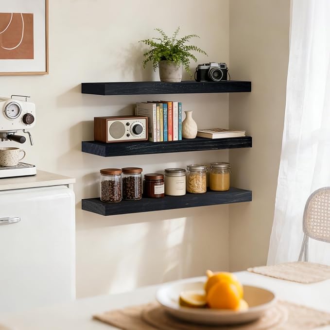 Floating Wall Shelves 24x6.8x1.7 Inch – Solid Wood Rustic Shelves in Black Finish – Wall Mounted Display Shelf for Bathroom, Kitchen, Bedroom – Set of 3
