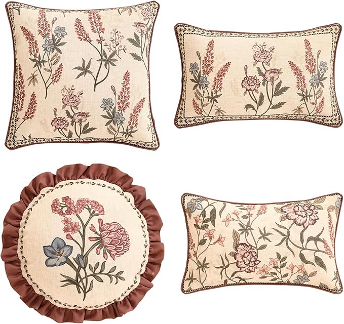 ISAENNE Design Linen Vintage Lumbar Square Round Throw Pillow Covers Set of 4, French Country Cushion Covers with Pink Blue Floral Pattern Decoration Pillowcases for Bed,Living Room,Outdoor,Car