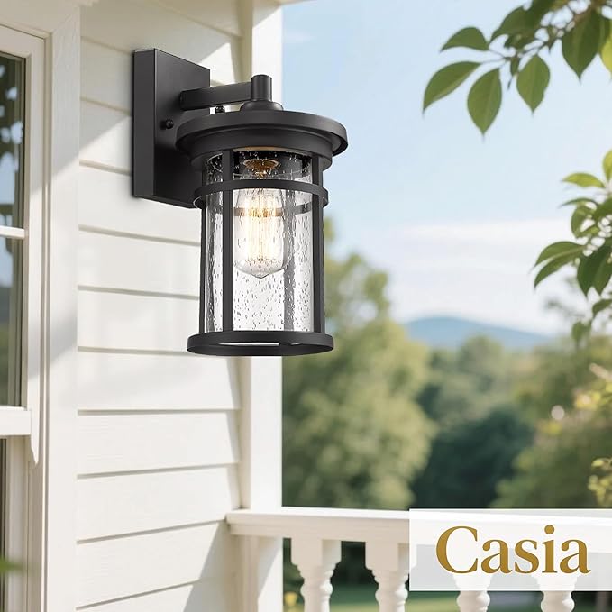 Casia Outdoor Wall Sconces, Exterior Wall Lantern, Farmhouse Porch Lighting Fixture, Front Door Mounted Lights, Outside Lighting Lamp for Patio, Porch, Garden,Balcony (Black, 12" H)