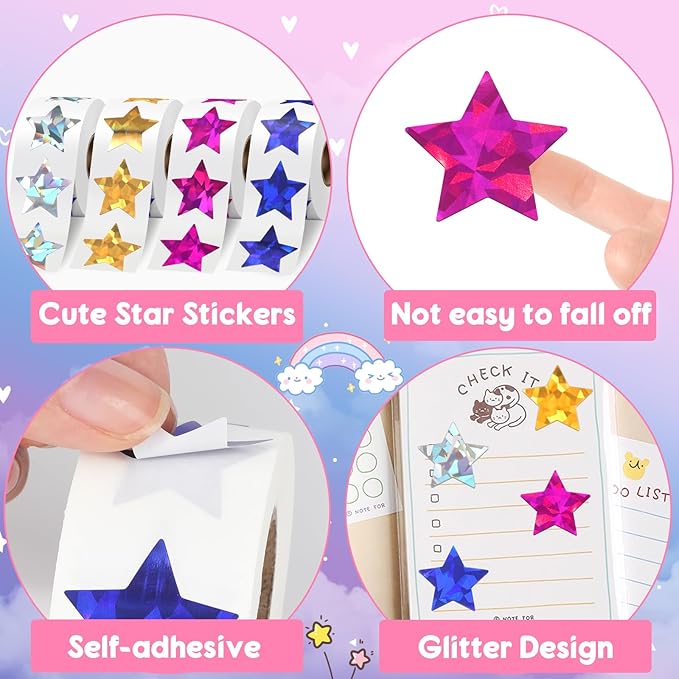 2000 PCS Holographic Star Stickers, Self Adhesive Metallic Glitter Foil Stickers Reflective Star Sticker, Ideal for Student Planners and Classroom Supplies, classroom reward stickers, Each Measures 1”