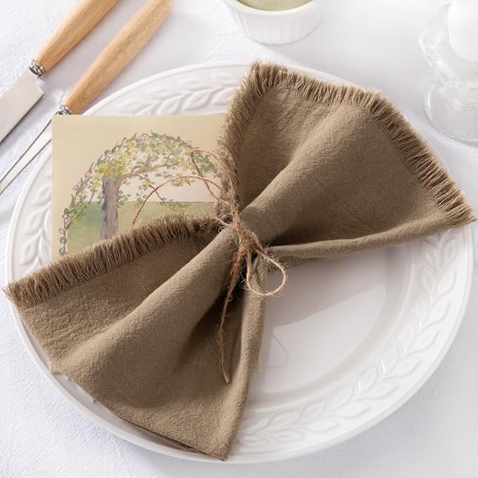 12 Pack Nude Cotton Linen Napkins with Fringe Spring Cloth Napkins Set of 12 Boho Handmade Dinner Napkins Bulk for Wedding Bridal Baby Shower Valentine's Day, 17 x 17 Inches