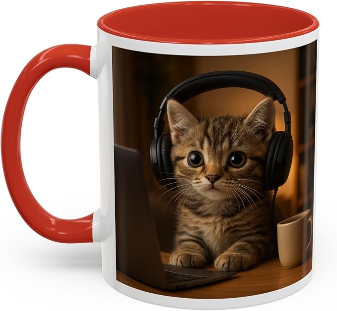 Adorable Cat Coffee Mug, Cute Kitten with Earphones, Pet Lover Gift, Tea Cup, Animal Lover Mug, Coffee Cup