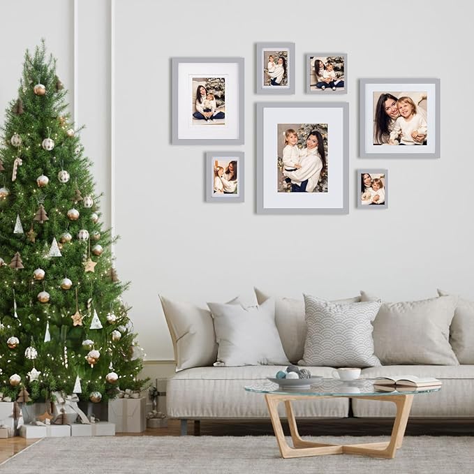 Egofine 8x10 Picture Frames 4 Pack Solid Wood Frames Covered by Plexiglass for Pictures 4x6 or 5x7 with Mat or 8x10 Without Mat, Photo Frames for Table Top and Wall Display, Light Gray