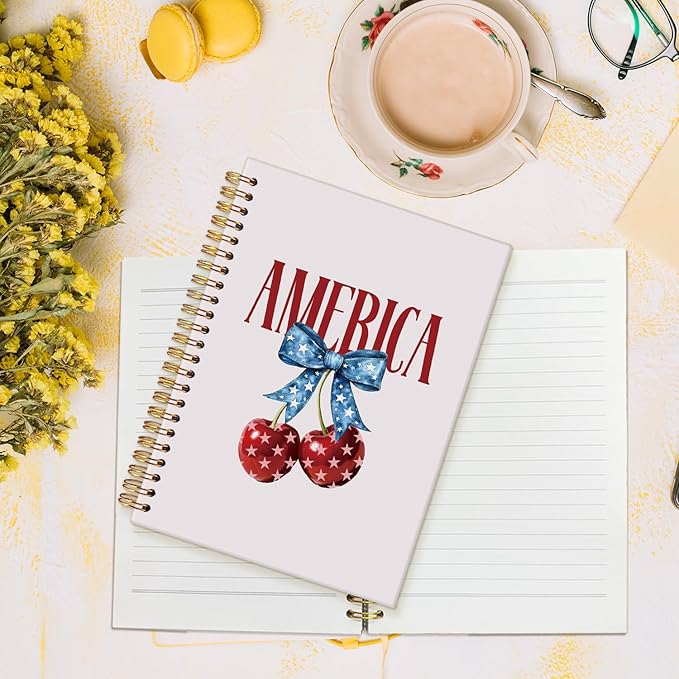MOFUYU Bible Notebook,Prayer Journal,Cherry Notebook,God Bless America Notes Journal,4th of July,Bible Supplies Hardcover Spiral Notebook,Christian Journals for Women 5.5x8.3 Inch