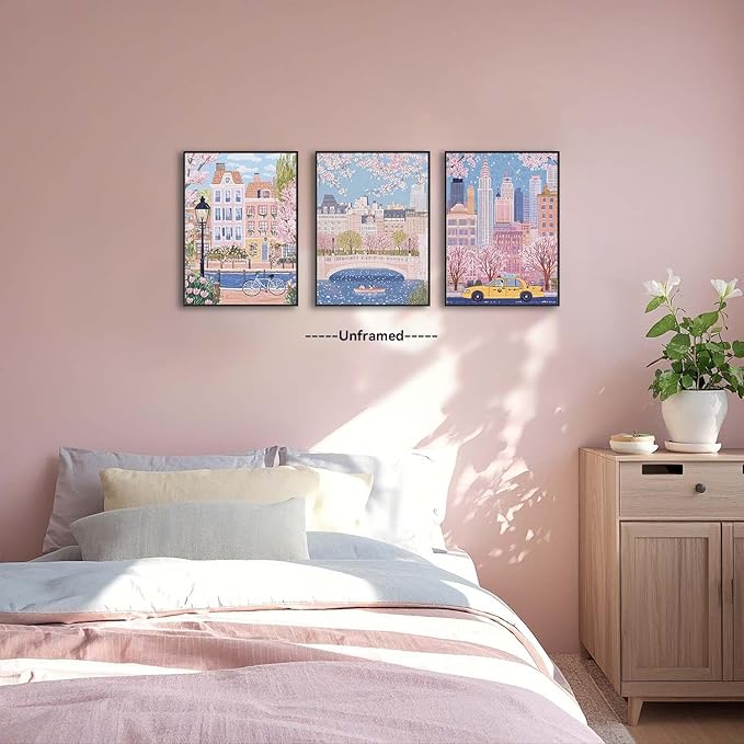 XLARTMY Watercolor City Landscape Travel Wall Art Canvas Framed Pink Cherry Flower Poster Girly Prints Painting Pictures Set of 3 for Bedroom Living Room Office 12x16in Unframed