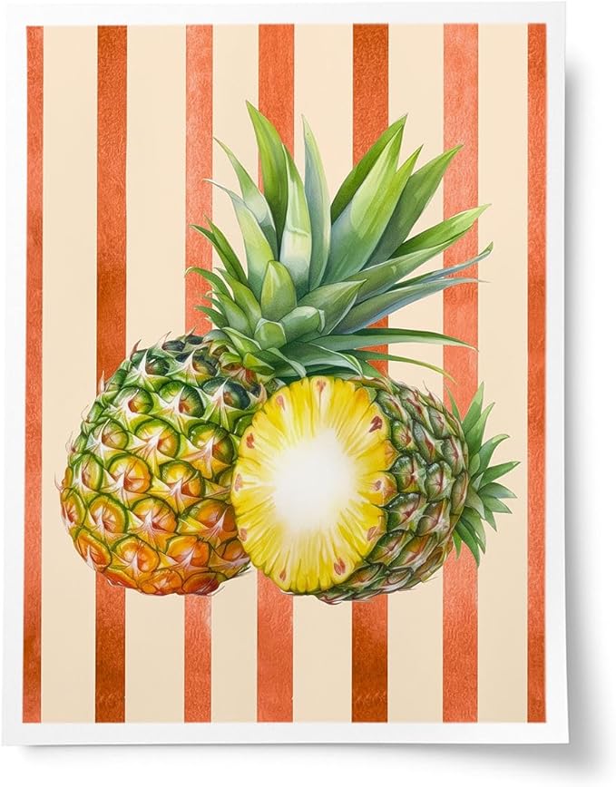 Pineapple Watercolor Wall Art – Tropical Fruit Canvas Print – Summer Kitchen Decor with Orange Stripes – Botanical Pineapple Illustration Poster 16x20inch-Unframed