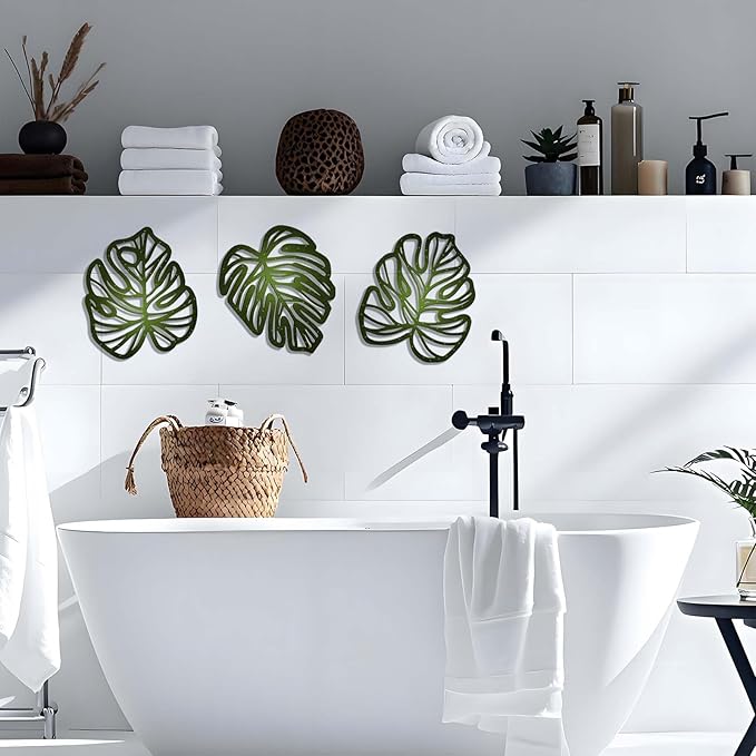 Palm Leaves Wood Wall Decor, 3Pcs Tropical Wall Art Jungle Decor, Wooden Natural Leaves Plant Wall Decor, Vintage Tropical Plant Plaque for Home Living Room Kitchen Bedroom Bathroom & Garden, Green