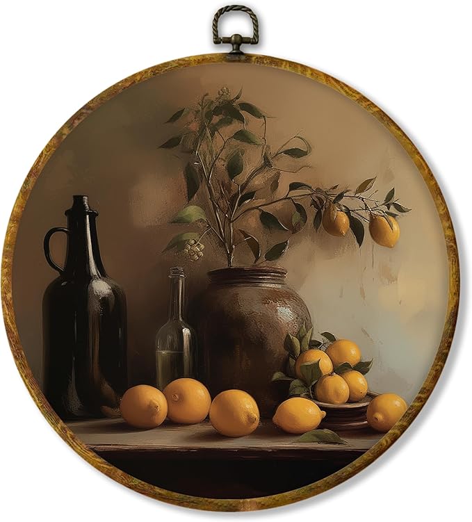 Hiuwevt Farmhouse Moody Lemon Round Wall Art Decor, Dark Cottagecore Lemon Framed Canvas Prints, Rustic Country Fruit Round Wall Hanging Decor for Kitchen Home Bedroom Decorations, 10x10 Inches