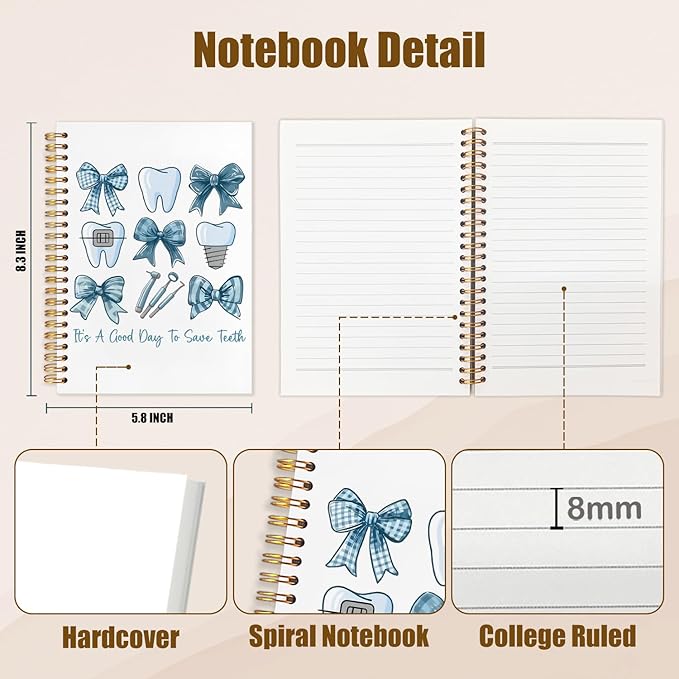 Blue Coquette Bow Dentist Notebook, Dental Gifts for Coworkers Journal, Dental Hygienist Gifts Spiral Notebook Journal for Note Taking, Dentist Office Supplies, 5.5x8.3 Inch