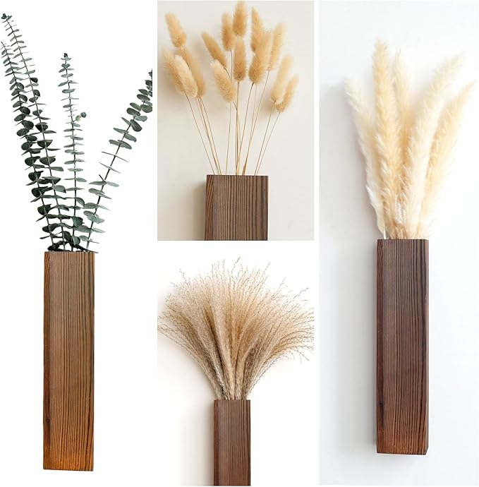 Wall Vase Set of 4 – Wooden Hanging Vases with Pampas Grass & Eucalyptus Dried Flowers – Modern Farmhouse Home Decor for Living Room, Entryway, Bathroom, Hallway & Dining Room