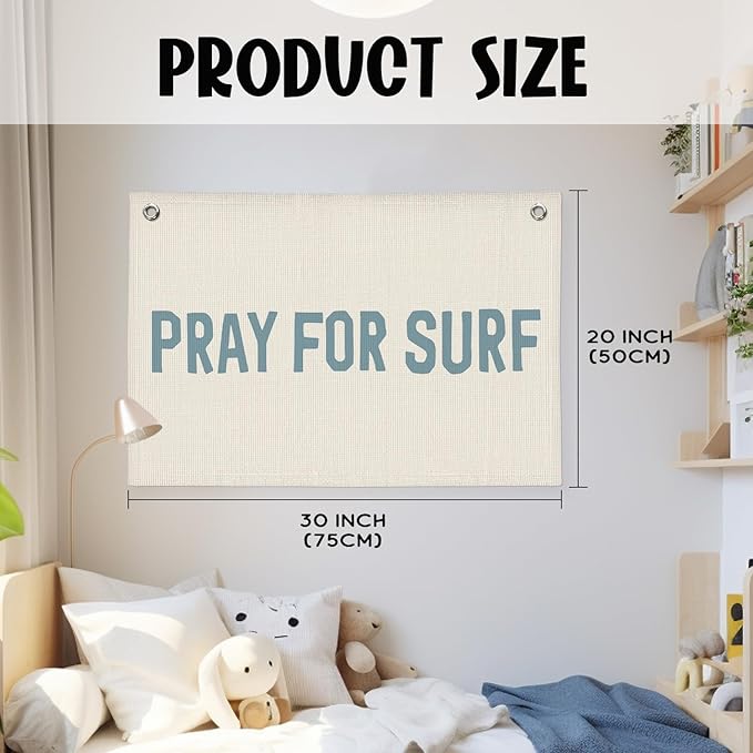 Surf Decor, Coastal Beach Room Decor Aesthetic, Linen Banner Wall Hanging Canvas Banner Flag Decor for Coastal Surfer Room Bedroom Beach - Blue