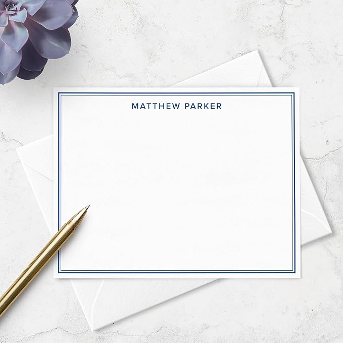 Personalized Note Cards Stationery for Men with Name and Border - Custom Stationary Set with Envelopes - Flat A2 Custom Notecards, Choose Your Colors and Set Size (Double Border Modern Font)