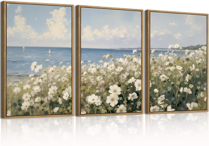 Anyzal Farmhouse Floral Wall Art Framed Coastal Wildflower Wall Decor Flower Painting 16x24 Inch Set of 3 for Living Room Bedroom Dining Room