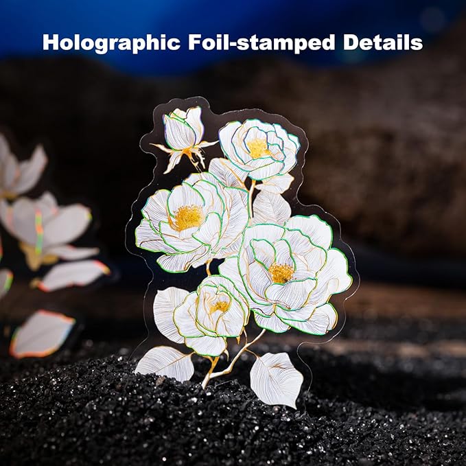 Floral PET Stickers – 60 Foil-Stamped Self-Adhesive Flower Designs Waterproof Transparent Stickers for Scrapbooking Journaling DIY Crafts and Decoration
