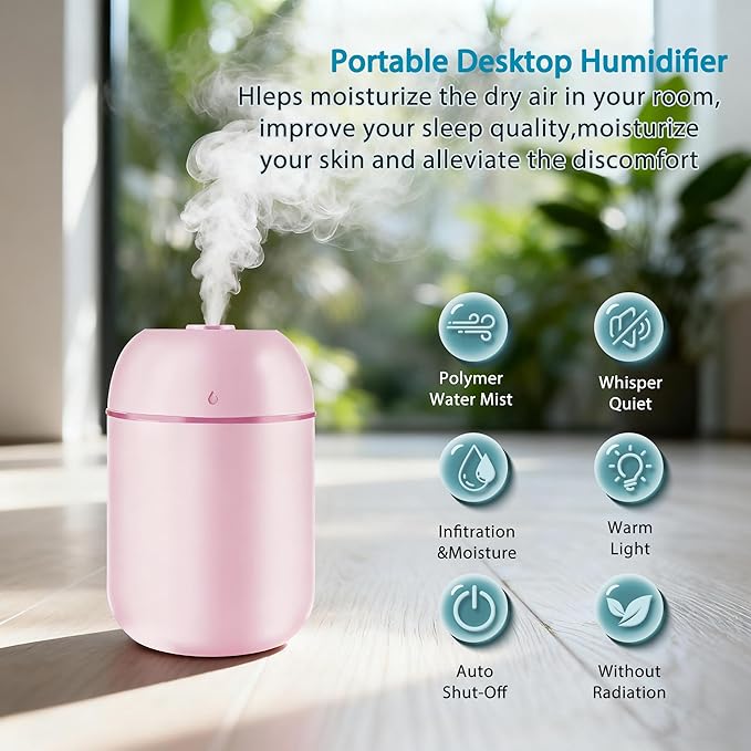 3 Pcs 330ml Small Cool Mist Humidifiers for Bedroom Indoor,Personal Mini Air Humidifier Easy Clean for Plants,Vaporizer for Congestion Portable,Desk Humidifiers for Office Bedside Nightstand Home