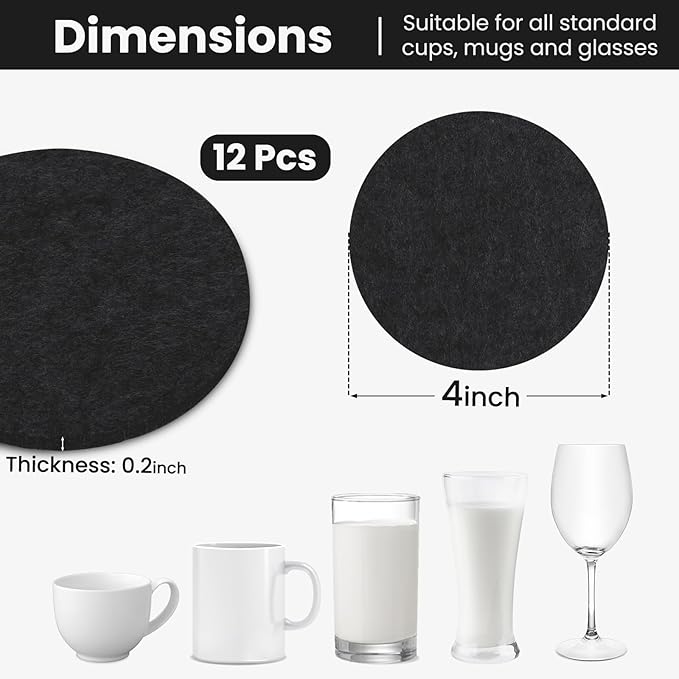 12 Pcs Felt Drink Coasters, 4 Inch Round Absorbent Felt Coasters for Drinks, Thickened Absorbent Coaster for Home Decor Coffee Tabletop Protection, Black