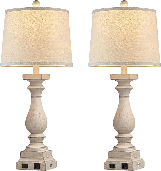28" Tall Farmhouse Table Lamps with USB C+A Ports and AC Outlet, 3 Way Touch Control Rustic Bedside Lamps for Bedroom, Beige Vintage Nightstand Lamps for Living Room Office