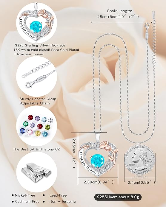 Women's Birthstone Necklace, Holiday Gift for Girlfriend, 925 Sterling Silver Heart Rose Necklace, Anniversary Birthday Gift for Wife, Daughter