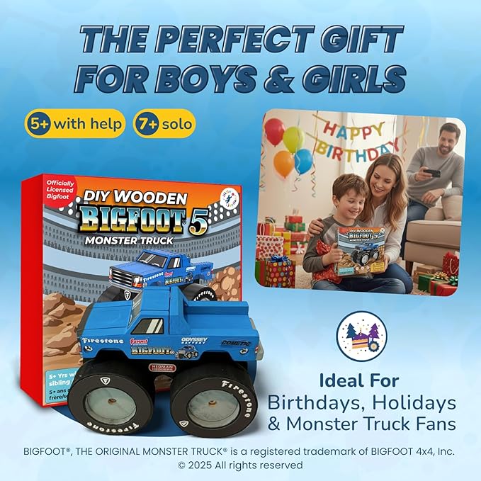 DIY Bigfoot 5 Monster Truck Wooden Kit w/Stickers & Paint (Large 5 1/4")- Officially Licensed Kids Building & Painting Kit - Wooden Painting & Building Kits for Kids - Ages 5-8 Years Stem & Paint Toys