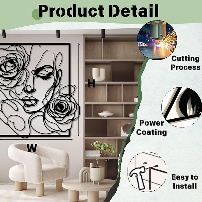 Trpiox Abstract Woman Face Flower Metal Wall Art, Minimalist Woman Flower Metal Wall Decor, Women Face Wall Decor for Living Room, Bedroom, Office(Gold,39" Hx39 W/100x100cm)