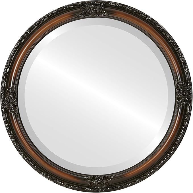 OVALCREST Round Beveled Wall Mirror for Home Decor - Jefferson Style - Walnut - 16x16 Outside Dimensions