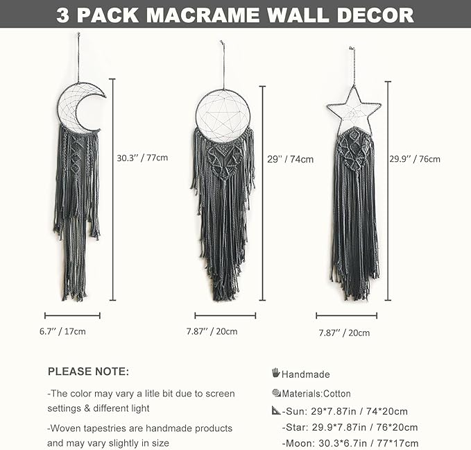 3 Pack Macrame Hanging Tapestry Wall Art Set Boho Woven Tapestries Sun Moon Star Large Dream Catcher Gray Wall Decor Bedroom Aesthetic Living Room Decor
