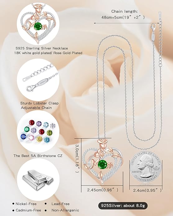 Mothers Day Gifts for Mom - Rose Heart Necklaces for Women, 925 Sterling Silver Birthstone Jewelry to My Wife Necklace, Birthday Gifts for Mother Grandma Girlfriend Her