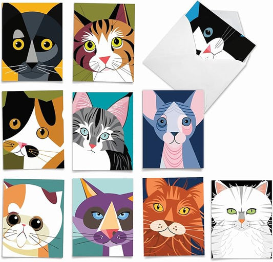 The Best Card Company - 10 Adorable Blank Cat Cards (4 x 5.12 Inch) - Cute Pet Kittens, Assorted Bulk Notecard Set - Cubic Cats M6730OCB