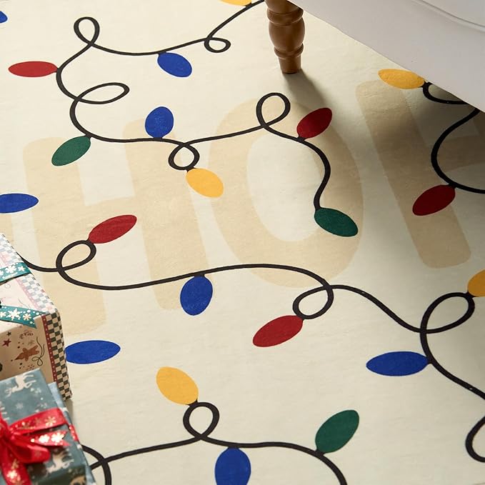 jinchan Jingle Lights Christmas Rug 3x5 for Entryway Kitchen Beige Holiday Rug for Bedroom Colored String Lights Printed Xmas Decor for Living Room Bathroom Washable Non Slip Decorative Floor Carpet