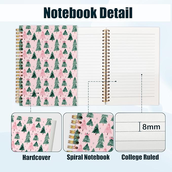 Pink and Green Christmas Tree Spiral Notebook, Coquette Pink Bow Christmas Tree Aesthetic Journal for School Office Supplies, Snowflake Xmas Winter Holiday Hardcover Journal 5.5x8.3 Inch