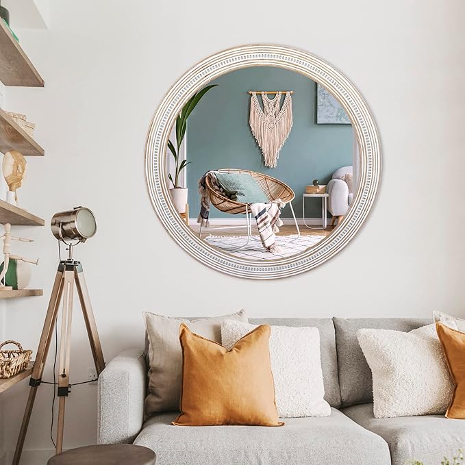 30 Inches Farmhouse Round Wood Mirrors for Wall Decor, Rustic Decorative Circle Mirror for Bathroom, Living Room, Foyer, Entryway