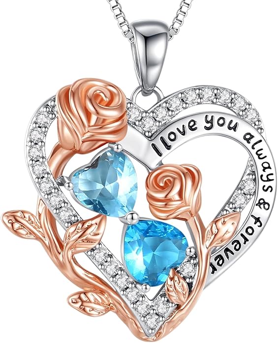 I Love You Birthstone Necklace, 925 Sterling Silver Heart Pendant with CZ Diamond Stones, Birthday Gifts for Women, Romantic Gift for Wife, Girlfriend, Her, Anniversary, Valentine's Day, Christmas