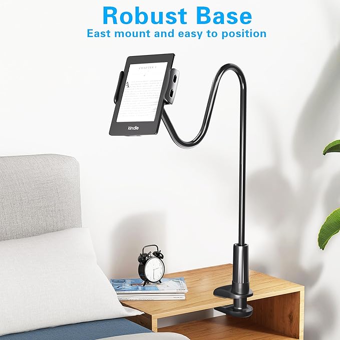 Gooseneck Holder for Kindle Reading in Bed, Hands Free Desk Bedside Lazy Arm Stand for Kindle Accessories, Compatible with iPhone iPad mini