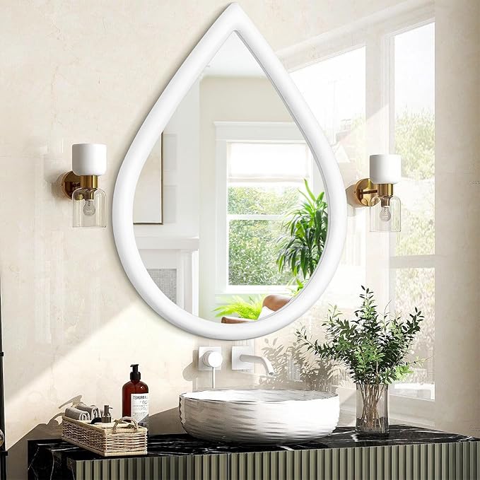 White Vintage Mirror Teardrop Wall Hanging Mirror Wood Frame 26 X 18 Inch Wall Mirrors Decorative for Entryway Living Room Bathroom Hallway Home Decor