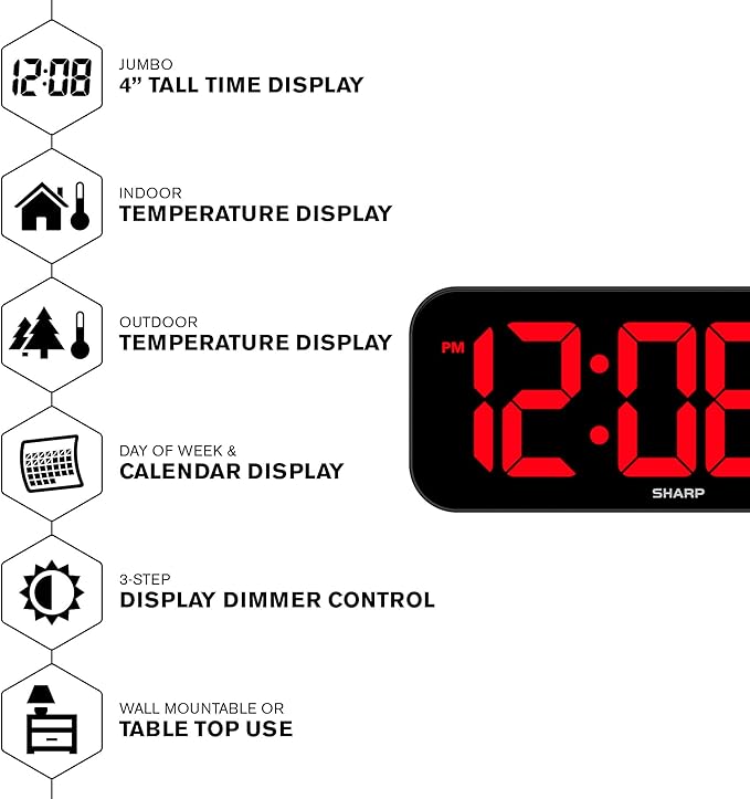 Sharp Large Oversized Screen LED Clock with Outdoor/Indoor Temperature with Outdoor Sensor, with Date and Day of Week – 14 inch Clock with 4 inch Digits
