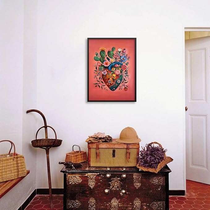 Mexico Blooming Heart Canvas Poster Colorful Vintage Botanical Wall Art Funky Trippy Pink Prints 08x10 inch Black Framed for Bed Living Room Apartment Wall Decor