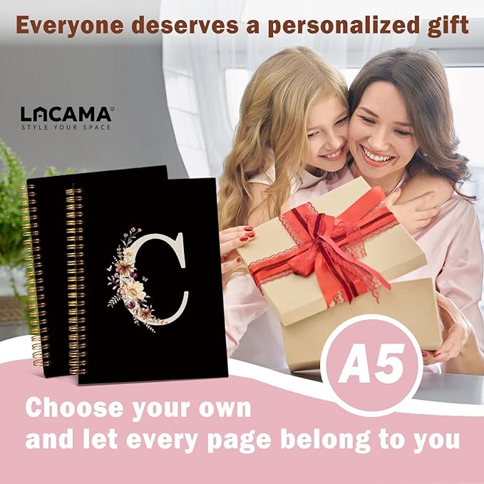 Lacama Campus Initial Letter C Notebook Journal, Cute Wildflower Personalized Black Spiral Notebook, School Supplies, Customized Monogrammed Gifts, Birthday Gifts for Women, Office Supplies