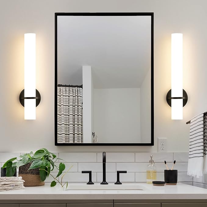 Black Wall Sconces Set of 2, 18 inch Bathroom Sconces with Acrylic Shade 18W 3000K LED Dimmable Modern Wall Sconces Wall Lights for Bedroom Living Room Hallway Stairway