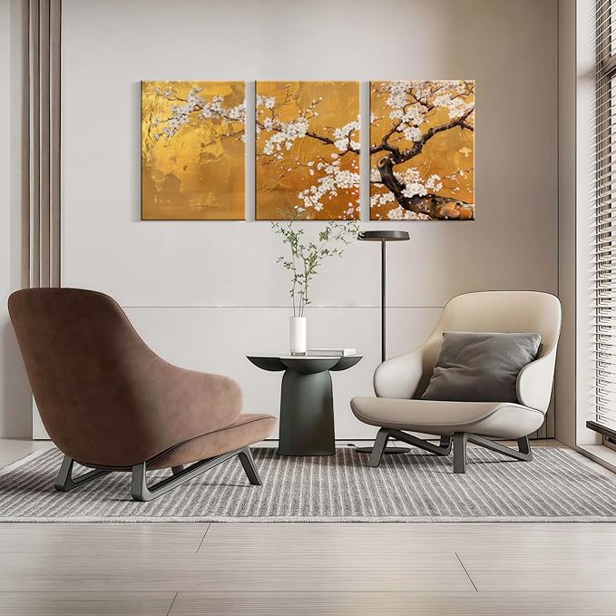 3 Pcs Framed Japanese Golden Plum Blossom Flower Wall Art Decor Canvas Print Picture Traditional Woodblock Print Style Farmhouse Poster Gallery Bedroom Living Room Office 16x24 Inch Ready to Hang