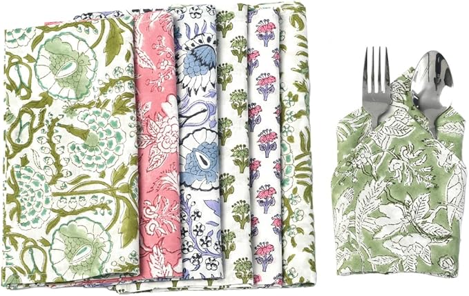 CPC Cloth Napkins 100% Cotton Set of 4 Reusable Napkins, Indian Block Print Toile Floral Dinner Napkin, Fall Thanksgiving Christmas Holiday Party Gift - Soft Absorbent Napkin, 18"x18" Mix