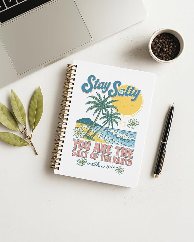 Summer Tropical Beach Christian Spiral Notebook 5.5x8.3in, Stay Salty Religious Bible Verse Journal Notebooks for Note Taking, Beach Lover Gifts, Christian Gifts, Hardcover Notebook Journal