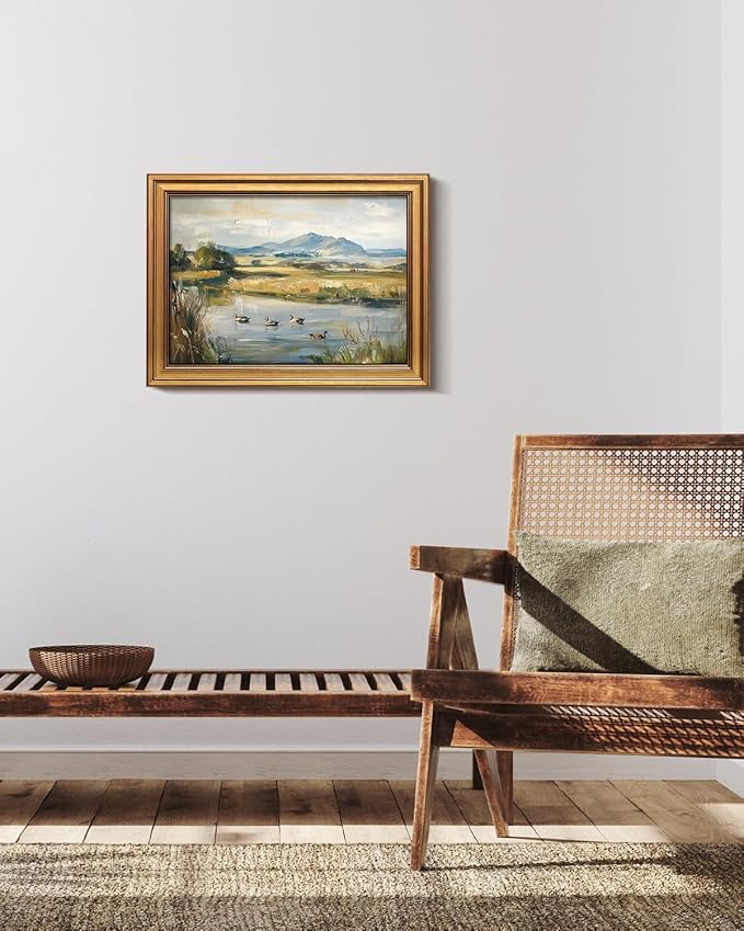 Bzstyleart Vintage Wall Art Decor for Living Room,Gold Framed Canvas Wall Art Home Decor Aesthetic,Ducks Pond Landscape Prints,Canvas Picture Print Artwork,12 x 16 Inch