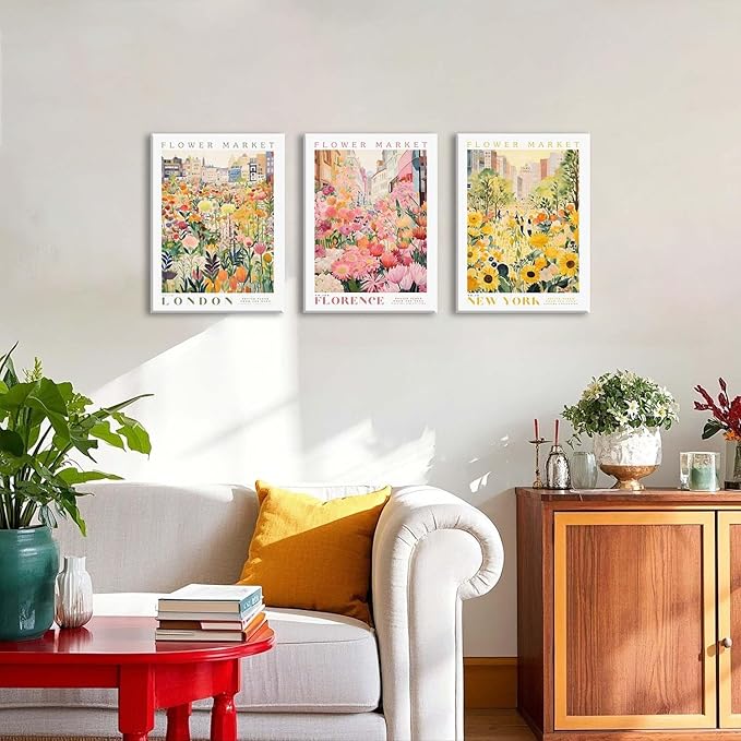 XLARTMY Flower Market Wall Art Print Canvas Framed Yellow Pink Floral Paintings Colorful Botanical Sunflower Artwork Travel Poster for Decor Picture 3 pieces for Living Room Bedroom Bathroom 12x16in