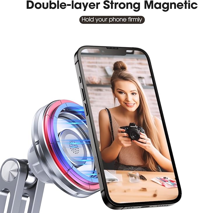 Magnetic Gooseneck Phone Holder for Bed & Desk, Adjustable Arm with Strong Suction Base, Compatible with iPhone 12-15/Magsafe & Android (Includes Metal Ring)