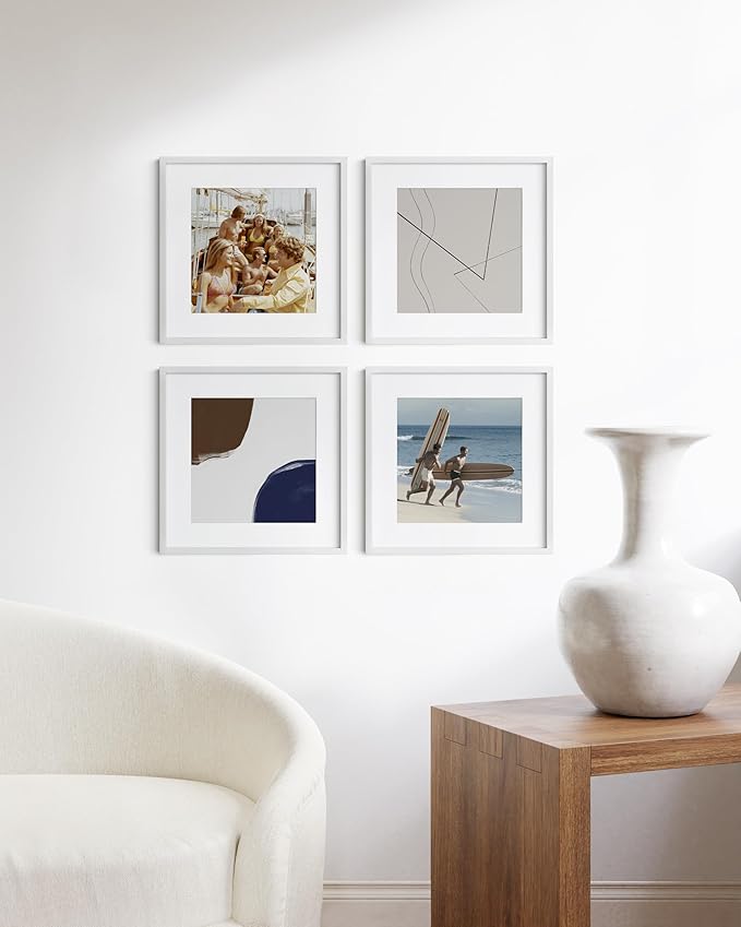 HAUS AND HUES 16x16 White Aluminum Frame Set of 4 - Matted to 12x12, Hanging Hardware, Shatterproof Plexiglass (16x16 in, White)
