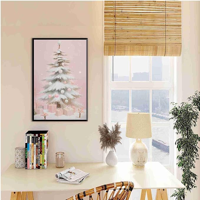Framed Canvas Wall Art Pink Christmas Tree Wall Art Print Holiday Poster Trendy Christmas Decor 16x24in Metal blackFramed