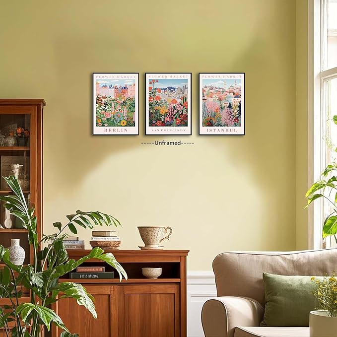 XLARTMY Flower Market Wall Art Prints Canvas Orange and Pink Floral Paintings Colorful Botanical Travel Flower Posters for Home Decor Pictures Set of 3 for Living Room Bedroom 12x16in Unframed