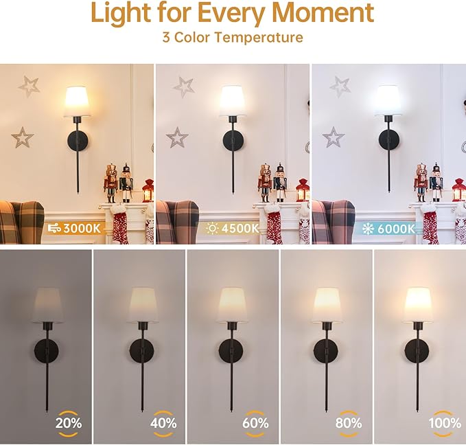 Battery Operated Wall Sconce, 120H Usage Time 22.6" Rechargeable Wall Light with Dimmable Bulb, 12 Colors Wall Sconce for Bedroom Living Room, Black