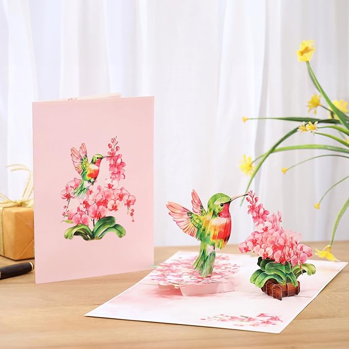 Pop Up Birthday Cards Hummingbird Orchid Flower, 3D Mother's day Card for Women, Mom, Wife, Daughter, Her, Sister, Girlfriend, Grandma, Ideal Gift for Valentines , Thank You, Anniversary, Get Wel