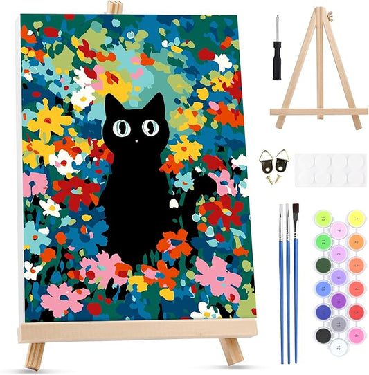 MXJSUA Black Cat Framed Paint by Numbers for Adults Beginners, Easy Adults' Paint-by-Number Kits on Canvas with Easel, Animal Acrylic Number Painting Crafts Kits Gifts for Home Decor, 8x12inch